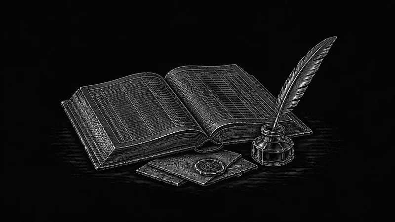 Gravura de um livro aberto com pena e tinteiro